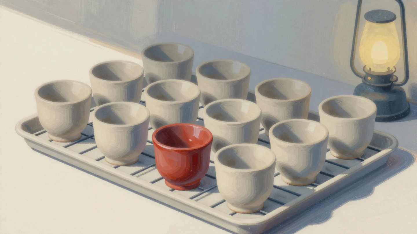 Gouache painting: a tray of freshly glazed clay cups waiting on a drying rack beside a kiln, one cup with a vermilion glaze, the rest unglazed