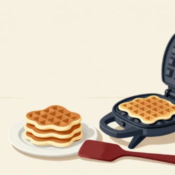 A waffle iron making identical waffles beside a stack of uneven pancakes
