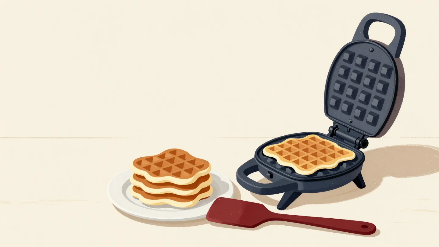 A waffle iron making identical waffles beside a stack of uneven pancakes