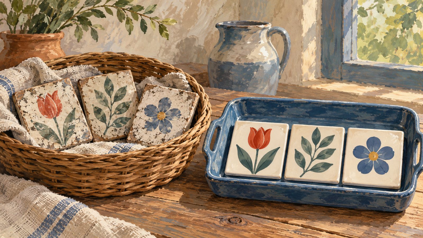 One intact ceramic tile from each matching pair is kept in a tray while its worn duplicate is set aside