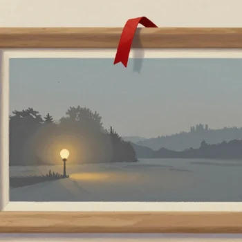 Gouache painting: an empty wooden picture frame hanging on a plain wall with a faded sepia landscape painting already inside it, and one vermilion bookmark ribbon draped over the top edge