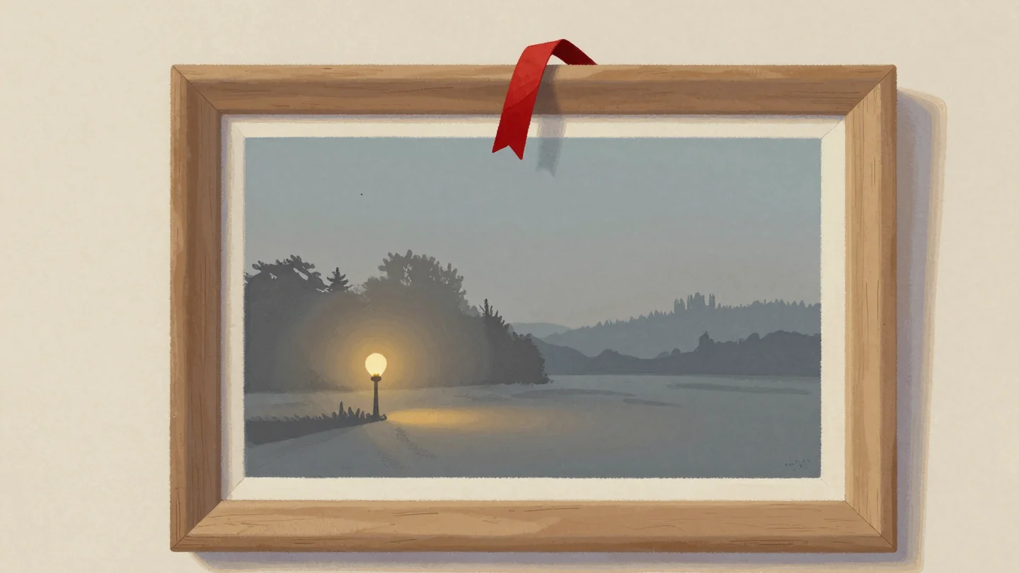 Gouache painting: an empty wooden picture frame hanging on a plain wall with a faded sepia landscape painting already inside it, and one vermilion bookmark ribbon draped over the top edge