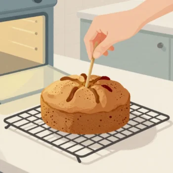 A hand pulls a clean wooden skewer from the center of a freshly baked cake on a cooling rack.