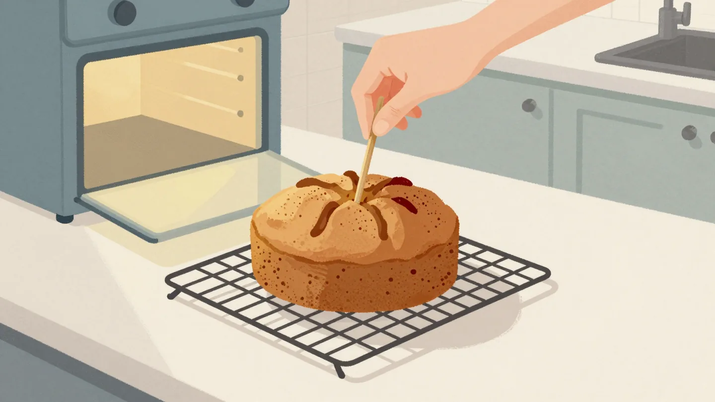 A hand pulls a clean wooden skewer from the center of a freshly baked cake on a cooling rack.