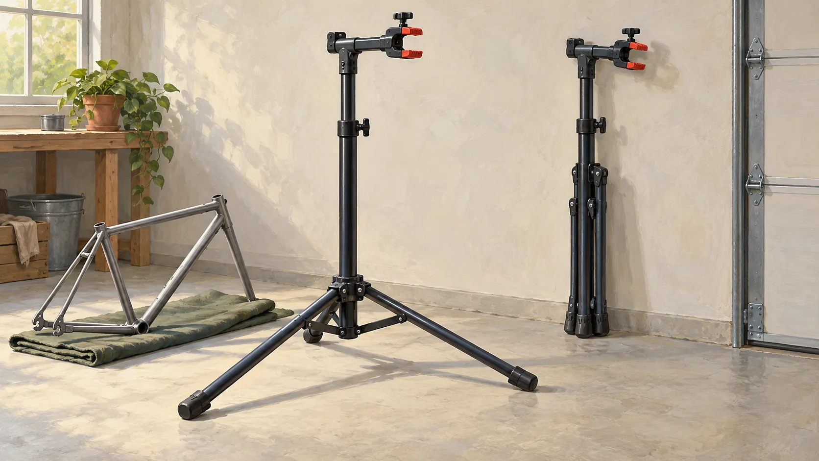An empty extended bicycle repair stand takes more floor space than an identical folded stand