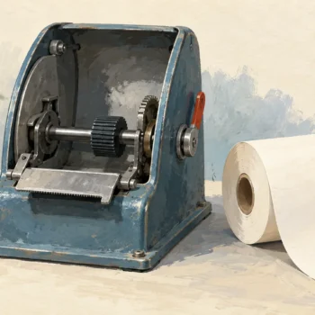 An empty mechanical ticket dispenser beside a fresh unmarked roll