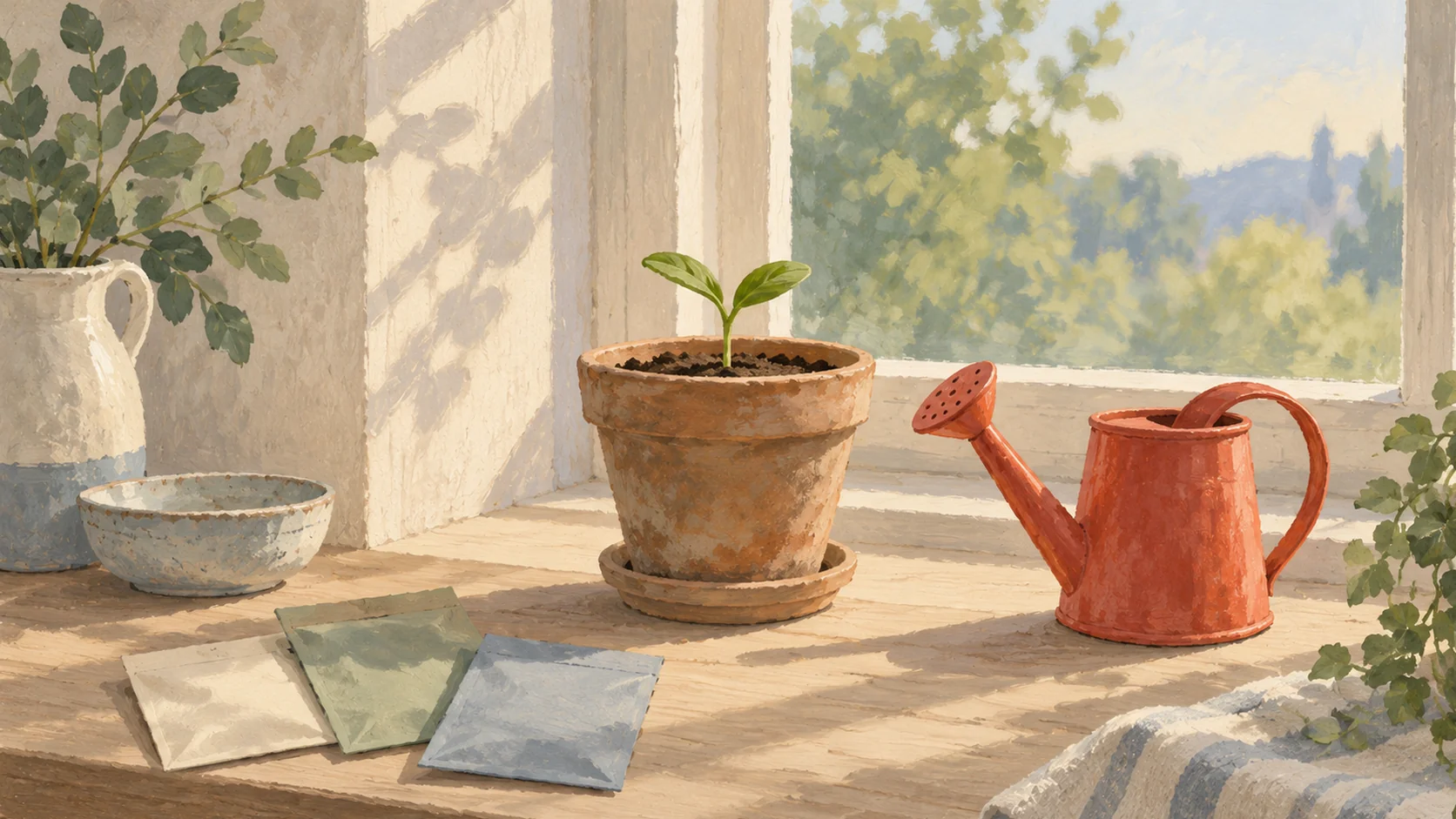 Gouache painting of a small green sprout in a clay pot on a sunny windowsill, with a vermilion watering can and a few blank seed packets beside it.