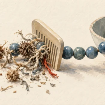 A comb separates stray burs from a continuous string of blue beads