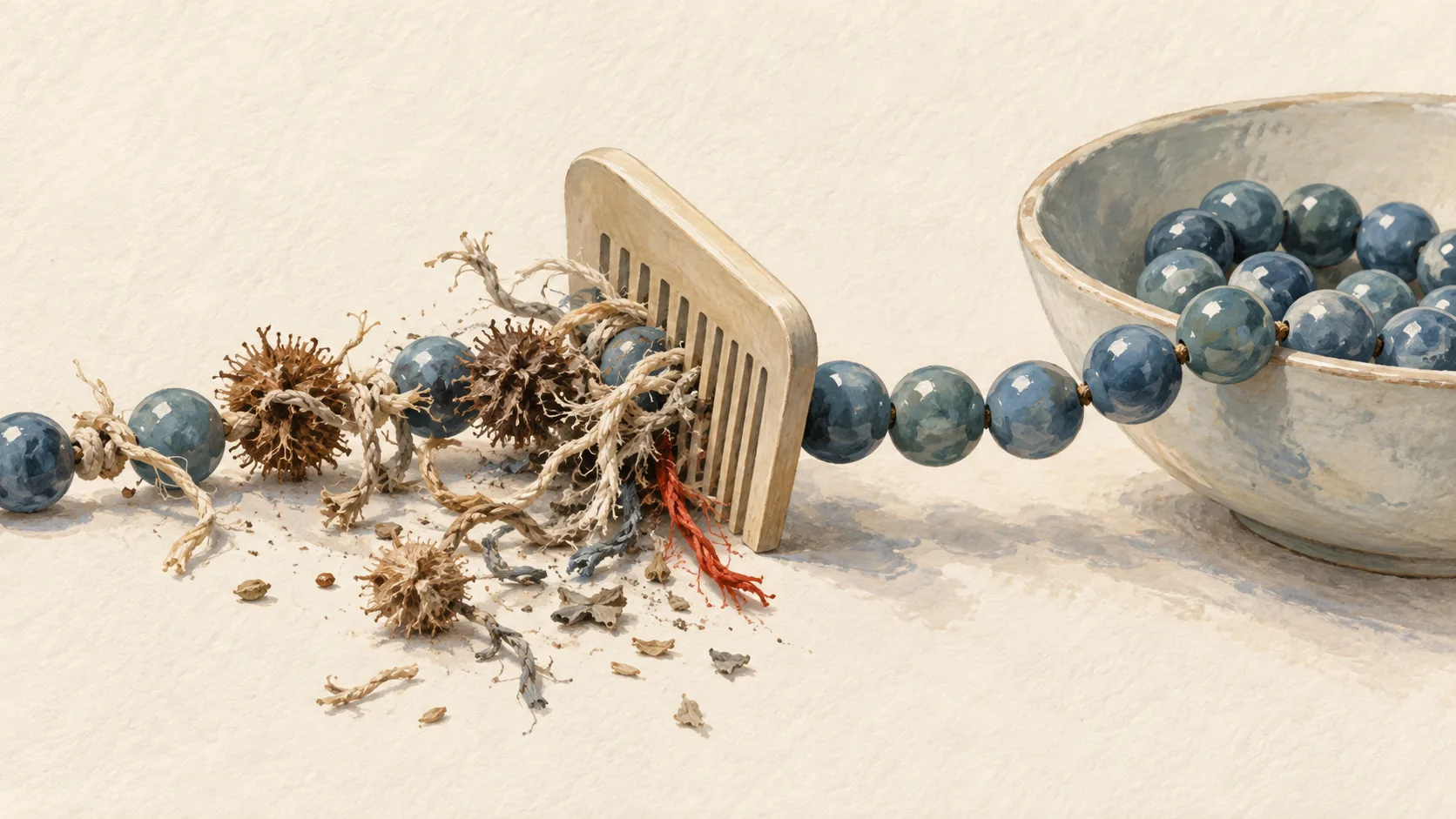 A comb separates stray burs from a continuous string of blue beads