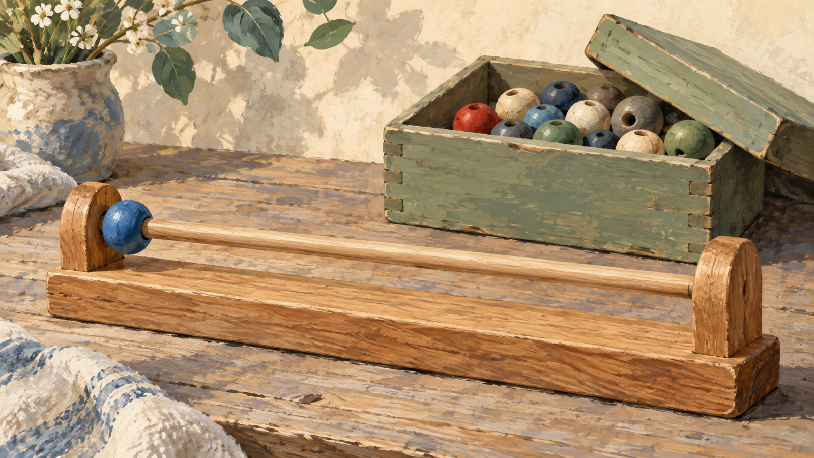 An empty wooden counting rail is reset with one new bead at its starting end