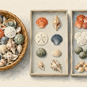 A basket of mixed shells beside one-of-each shells and grouped shells