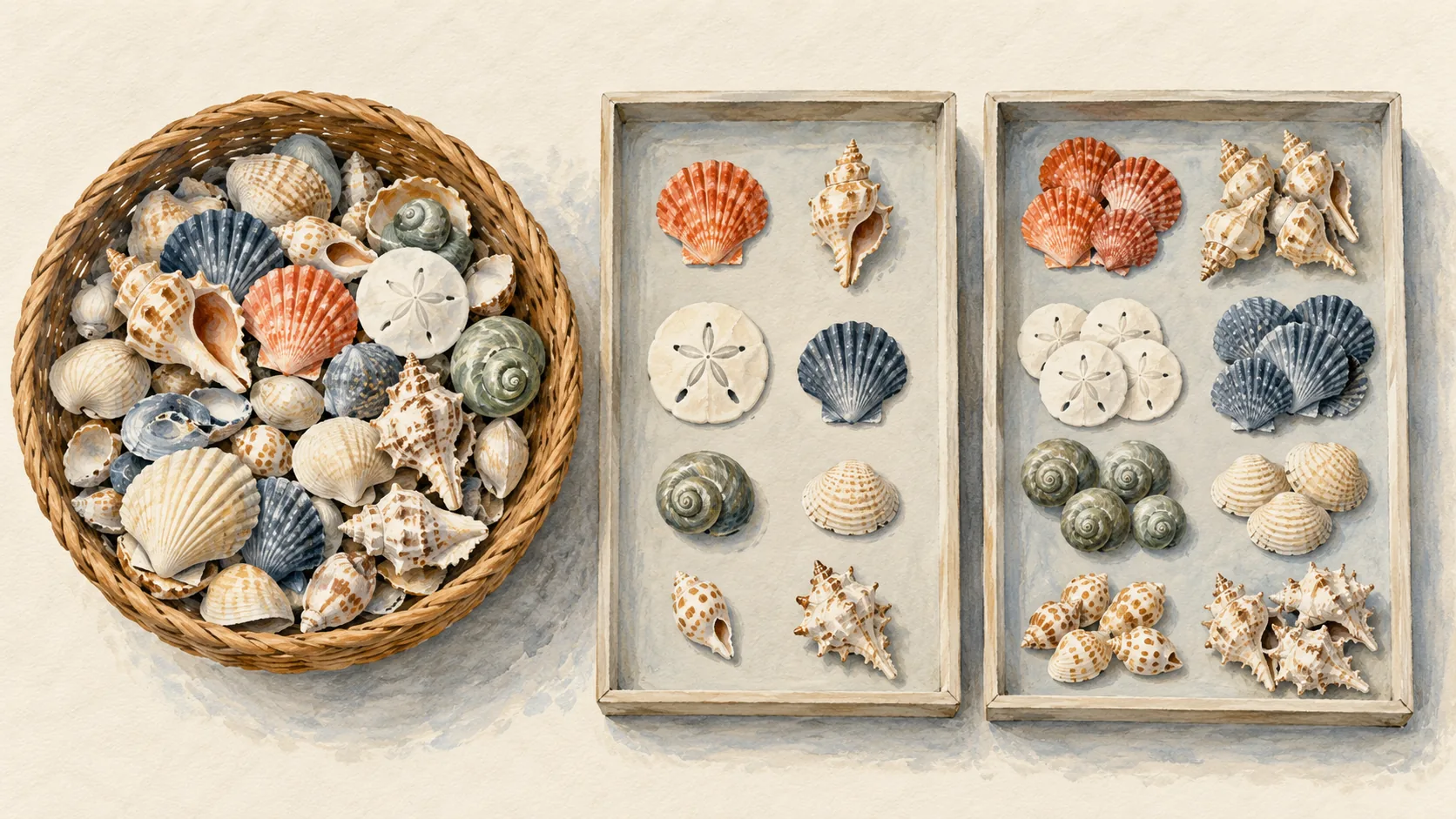 A basket of mixed shells beside one-of-each shells and grouped shells