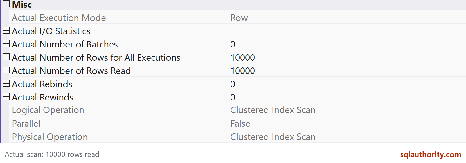 Actual Clustered Index Scan properties show 10000 rows read
