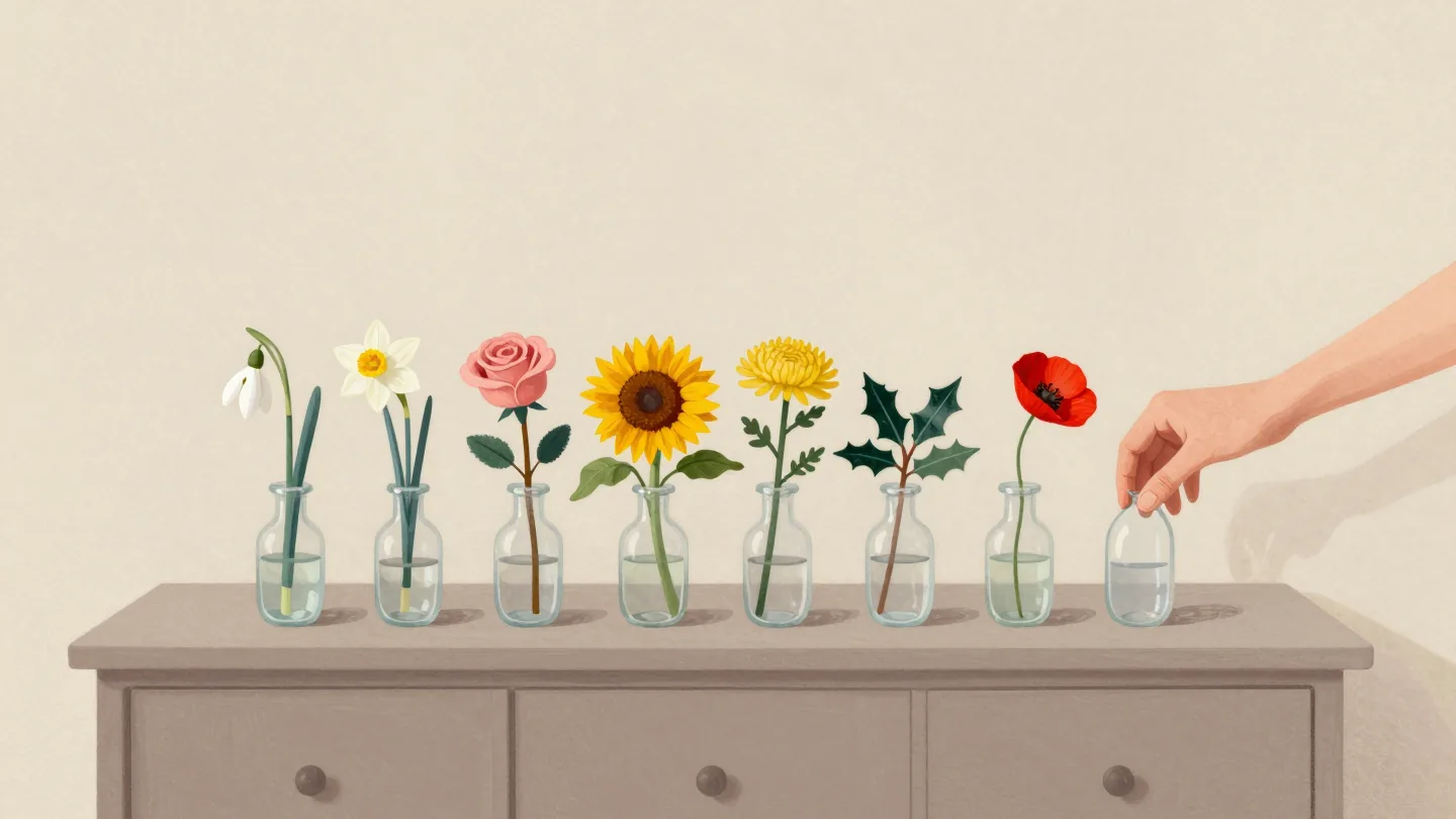 A row of small bud vases with flowers in seasonal order, a hand moving a red poppy into its place.