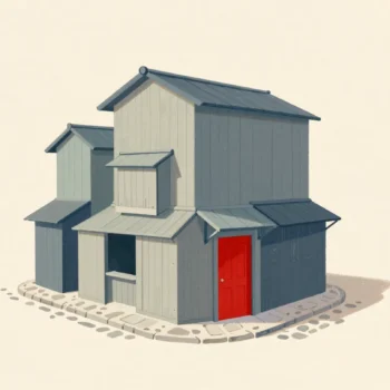 A small shop grown into a crooked patchwork of many tiny add-on extensions, a red door on the newest one