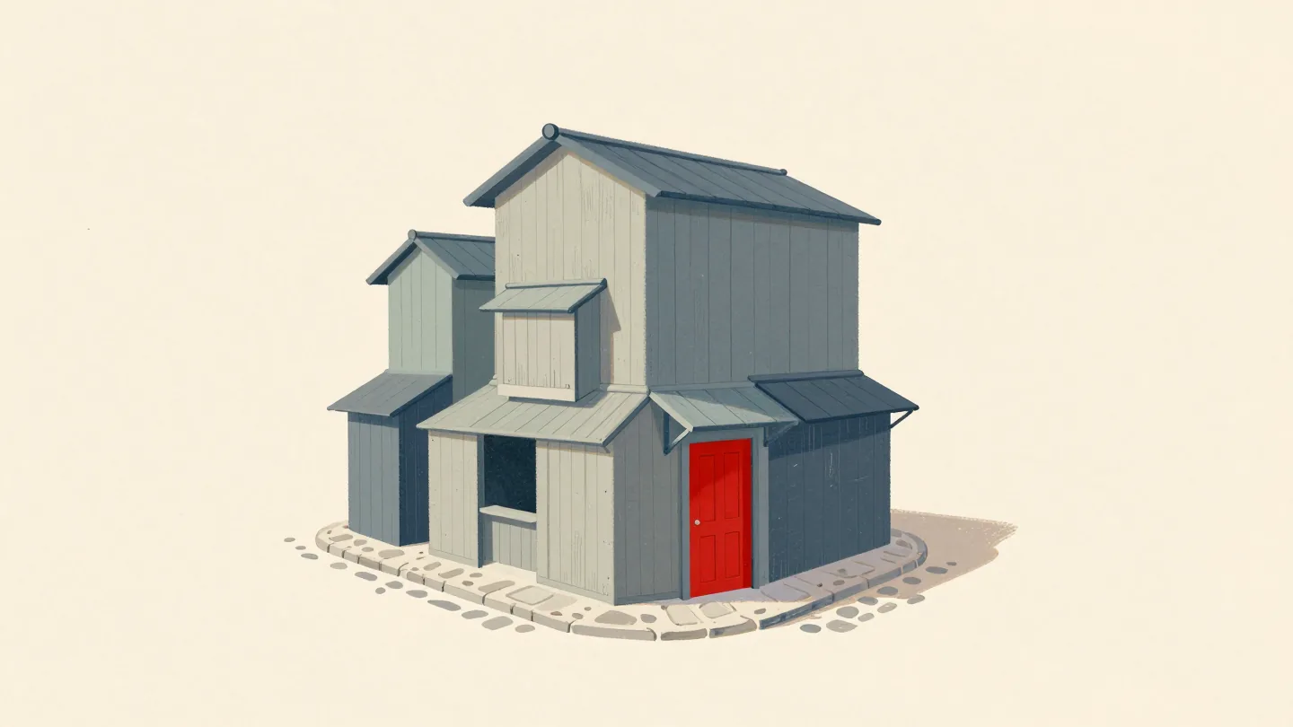 A small shop grown into a crooked patchwork of many tiny add-on extensions, a red door on the newest one