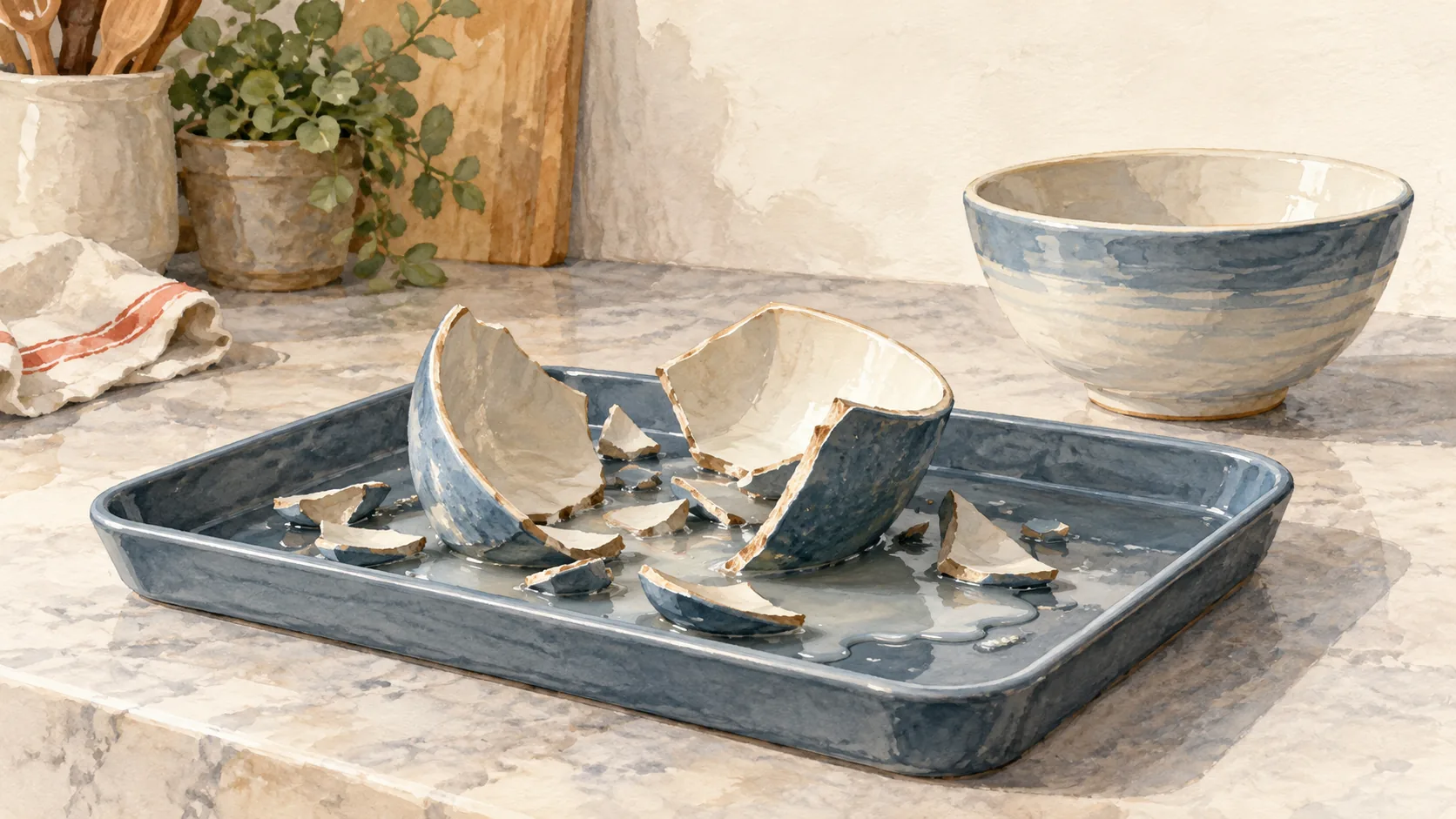 Broken pieces and liquid stay inside a shallow catching tray