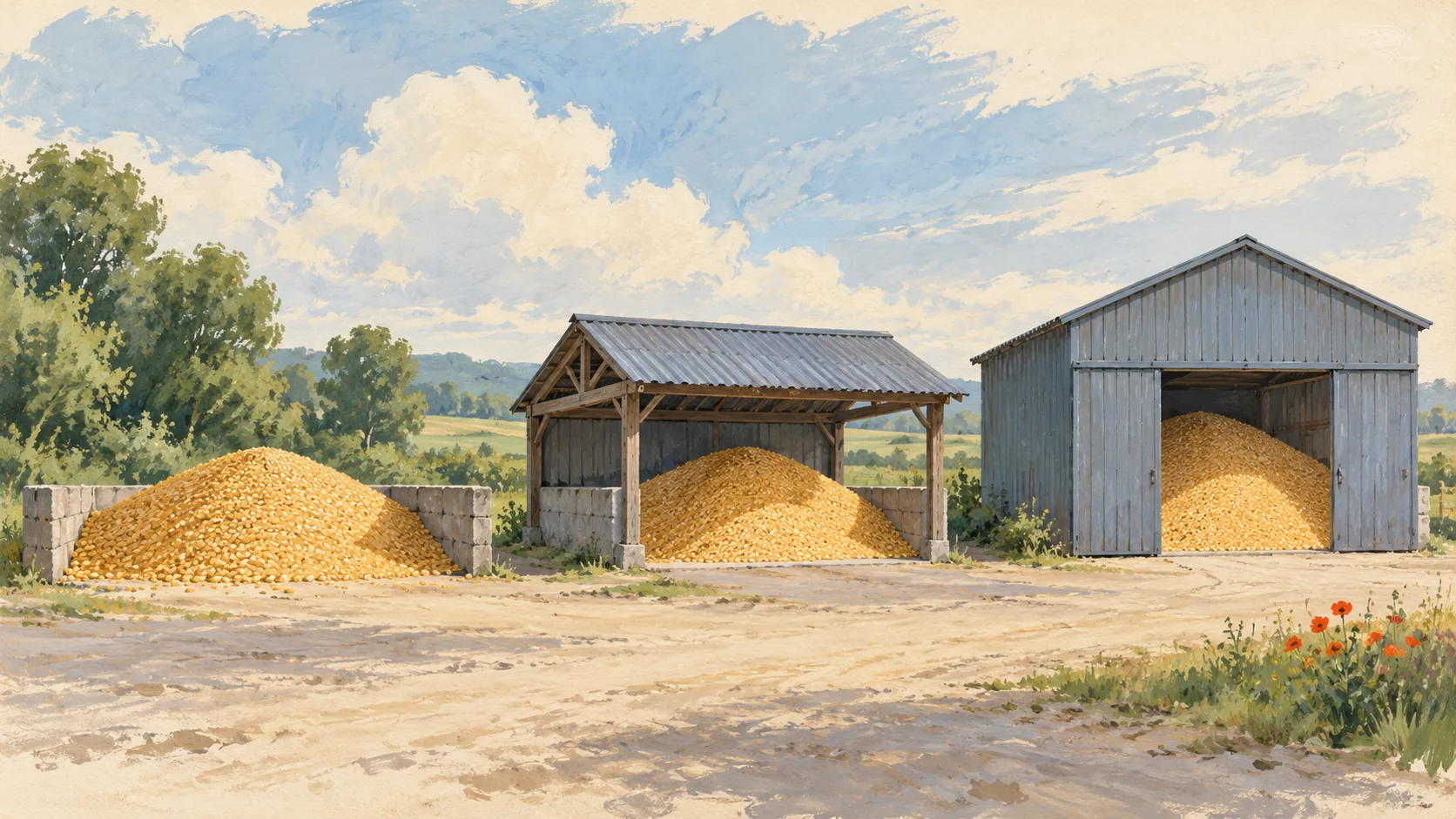 Three stores of grain provide different degrees of protection