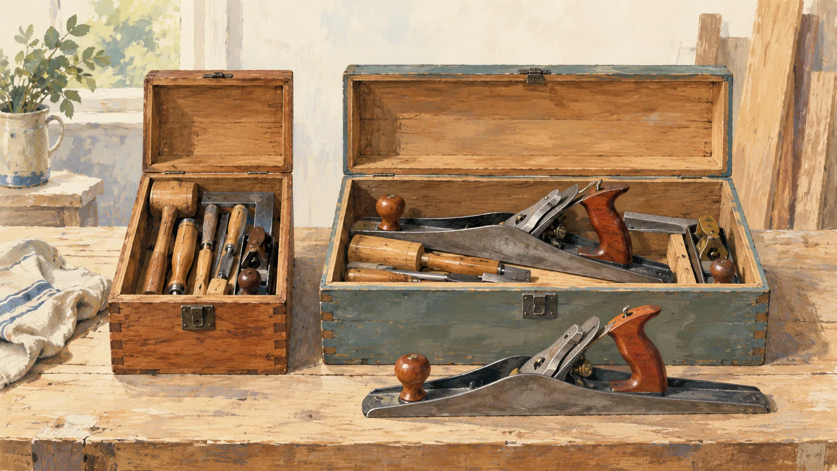 A small and a large tool chest hold tools of different sizes