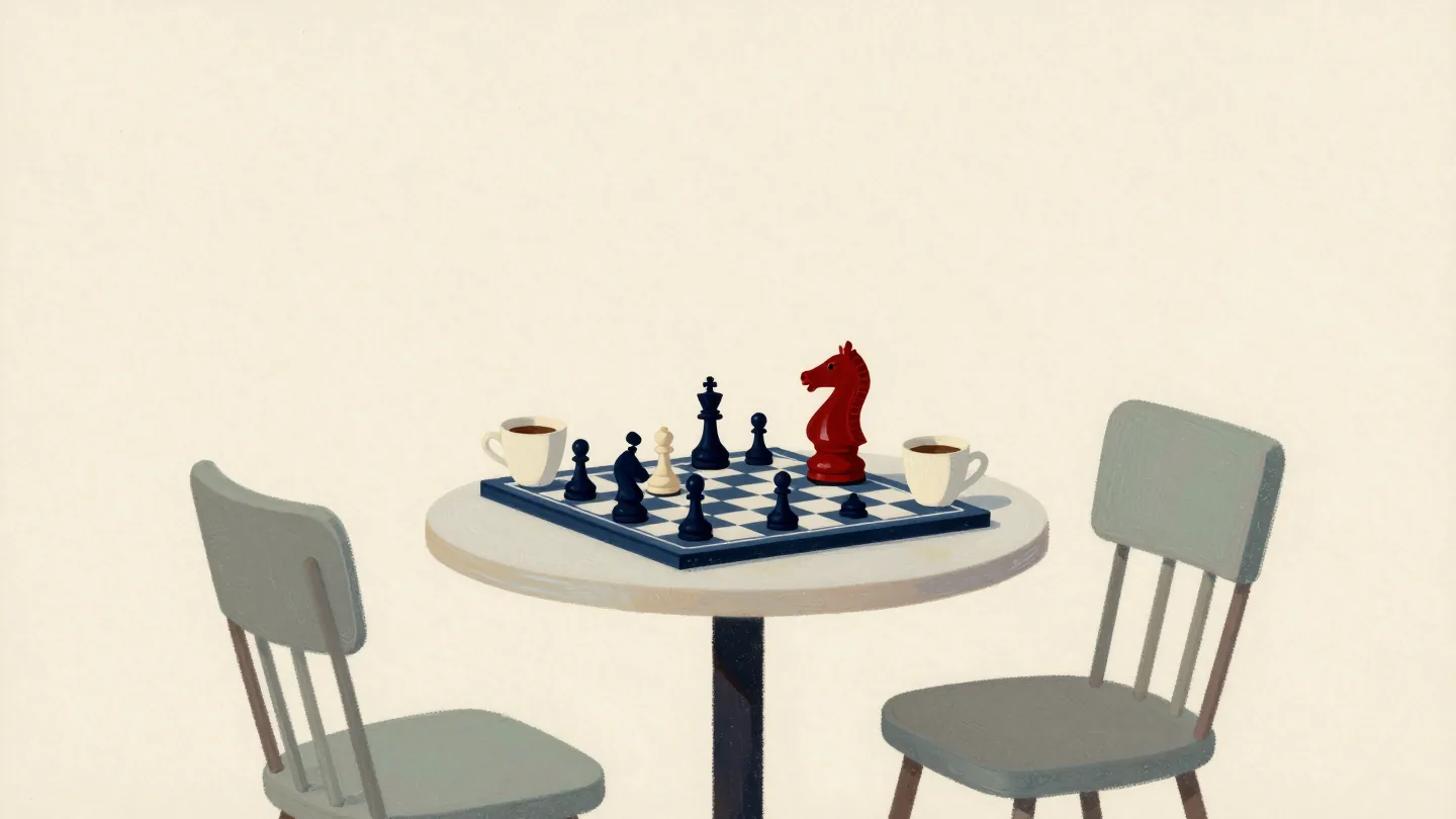 A chessboard mid-game on a cafe table with empty chairs, one knight off its square, two cold cups of coffee.