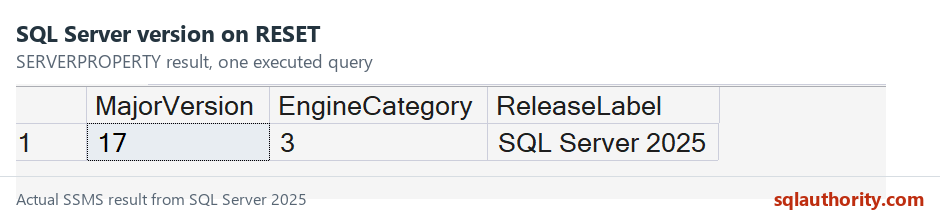 Actual SSMS result showing MajorVersion 17, EngineCategory 3, and SQL Server 2025