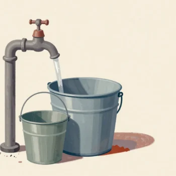 A small bucket overflowing under a running outdoor tap while a bigger empty bucket is dragged into place