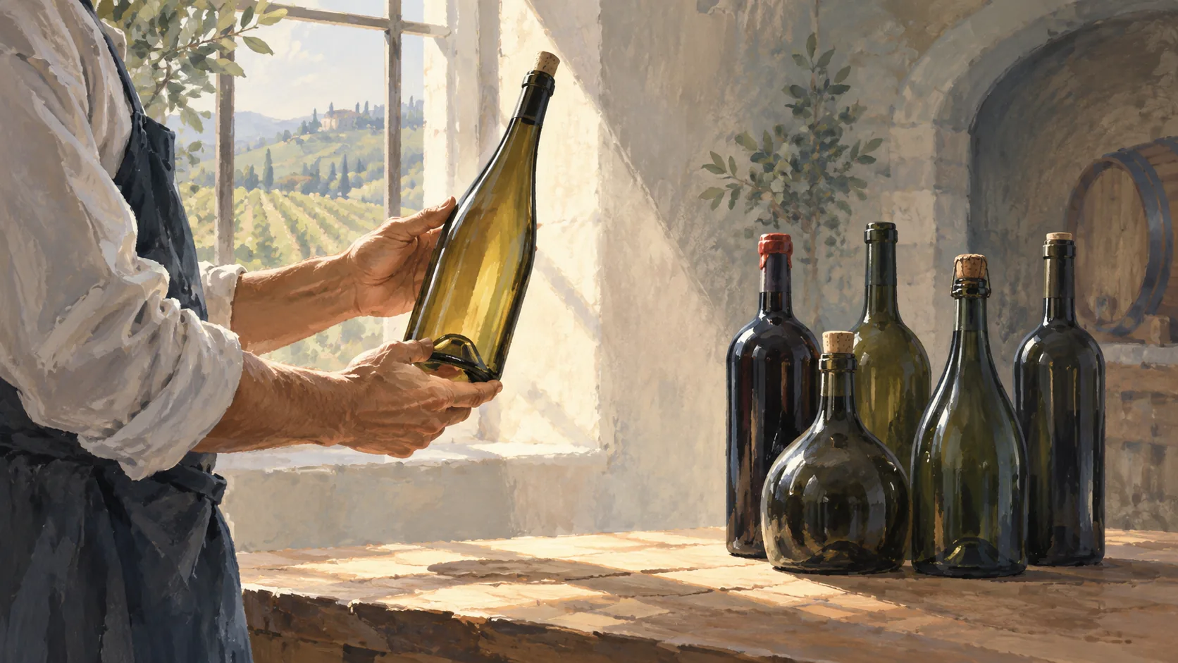 One unlabeled bottle distinguished by its shape and cork from several others
