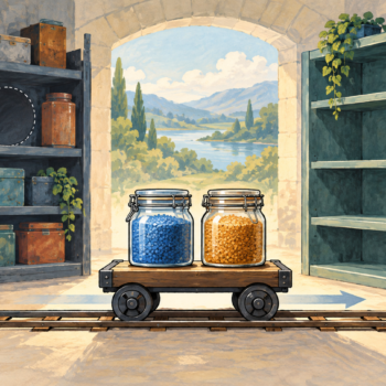 Two file jars travel from a crowded shelf to a shelf with more room after inspection