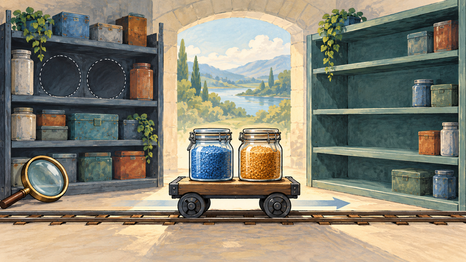 Two file jars travel from a crowded shelf to a shelf with more room after inspection