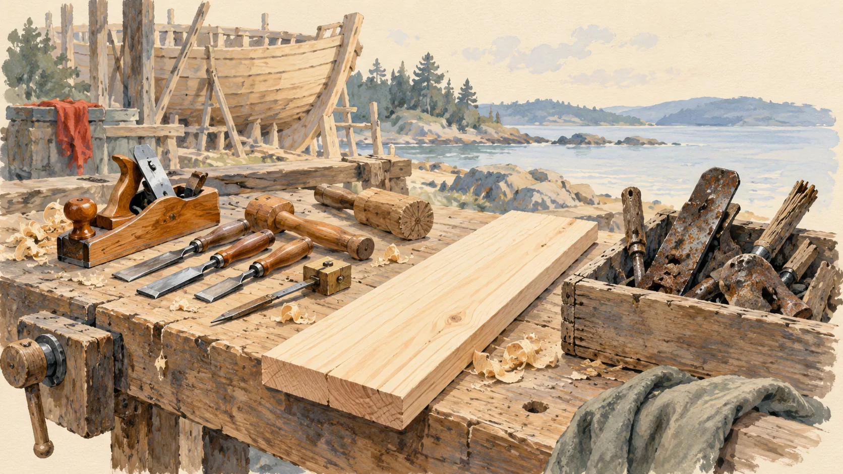 Useful woodworking tools selected for building a boat