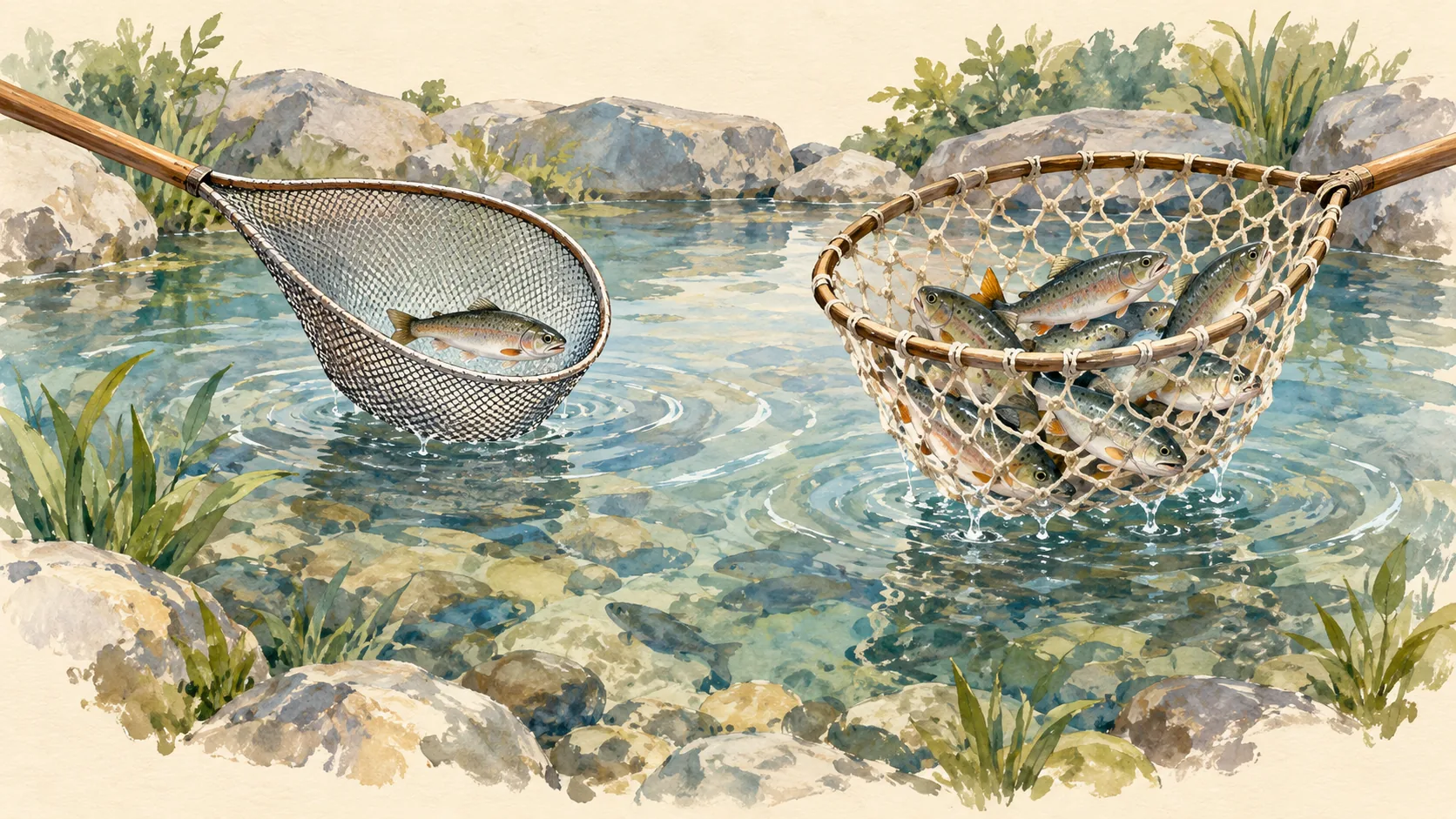 A narrow net catches one fish while a broad net catches several fish