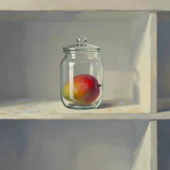 Gouache painting: an open wooden cupboard holding one glass jar with a lid and a single vermilion mango inside it, every other shelf empty