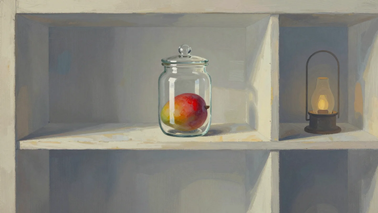 Gouache painting: an open wooden cupboard holding one glass jar with a lid and a single vermilion mango inside it, every other shelf empty