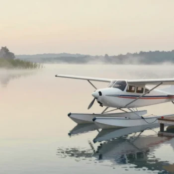 A small seaplane moored at a lake jetty at dawn, a hand holding the mooring line before untying it