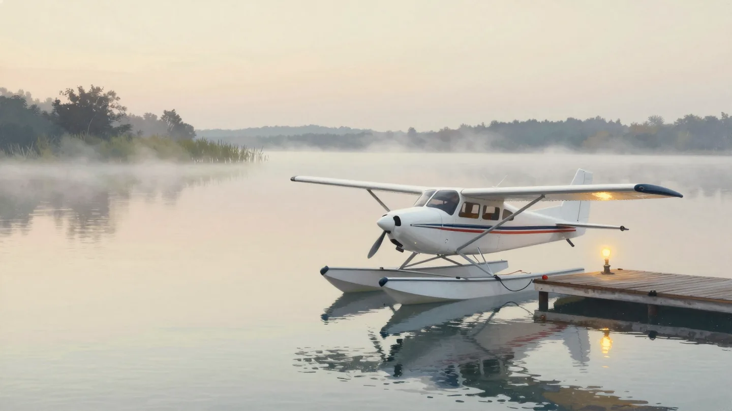 A small seaplane moored at a lake jetty at dawn, a hand holding the mooring line before untying it