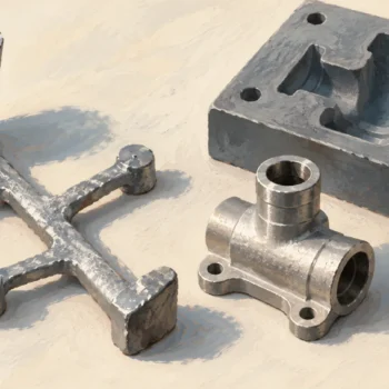 Casting sprue beside a finished fitting and an unused matching mold