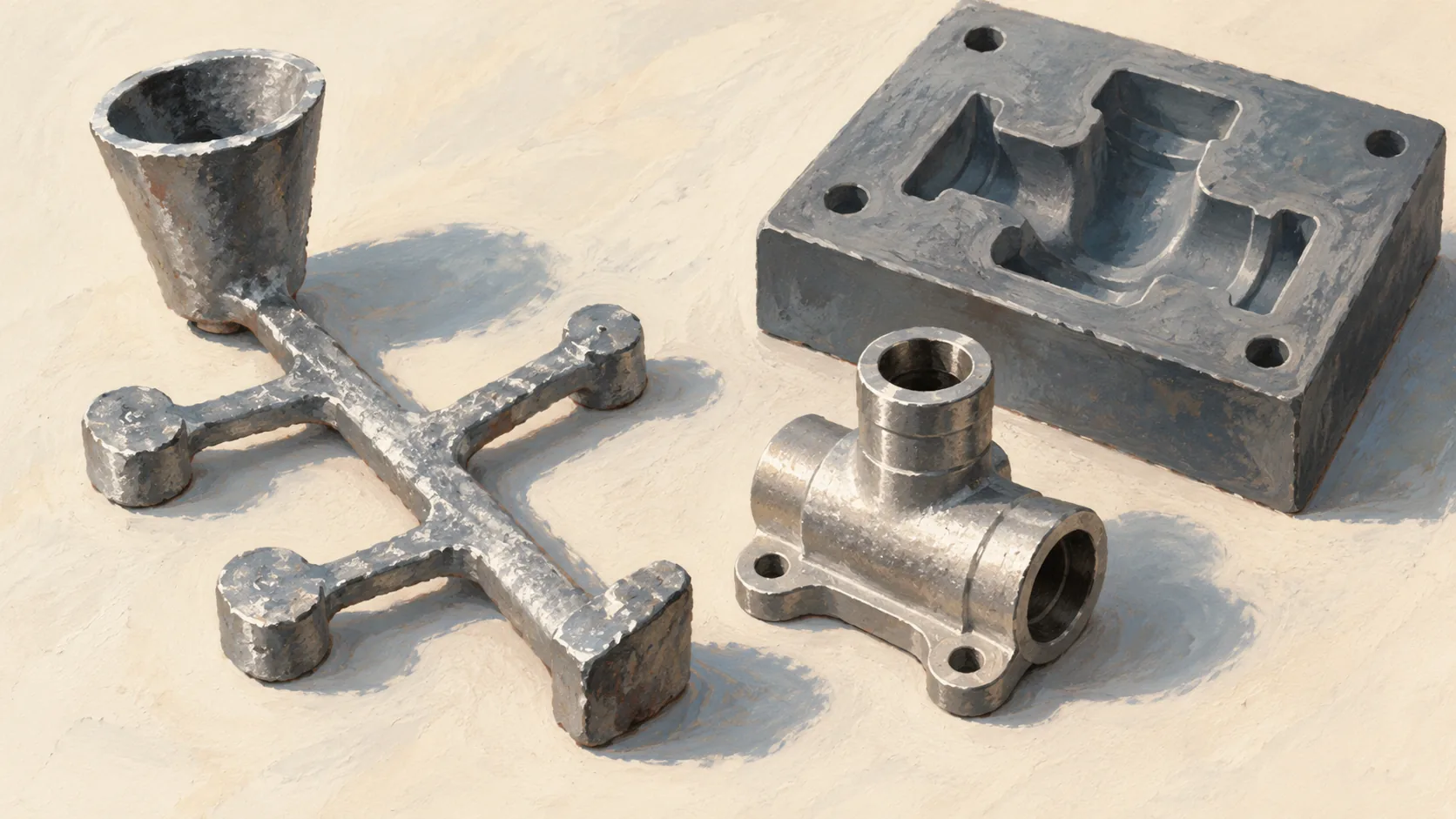 Casting sprue beside a finished fitting and an unused matching mold