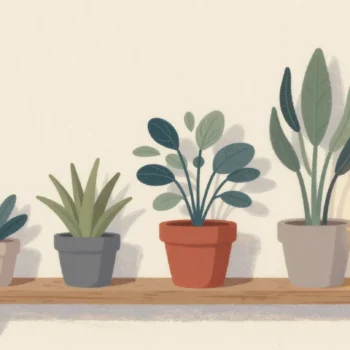 Gouache painting: a long wooden shelf with a row of potted plants arranged from shortest to tallest; the plant exactly in the middle sits in a vermilion pot