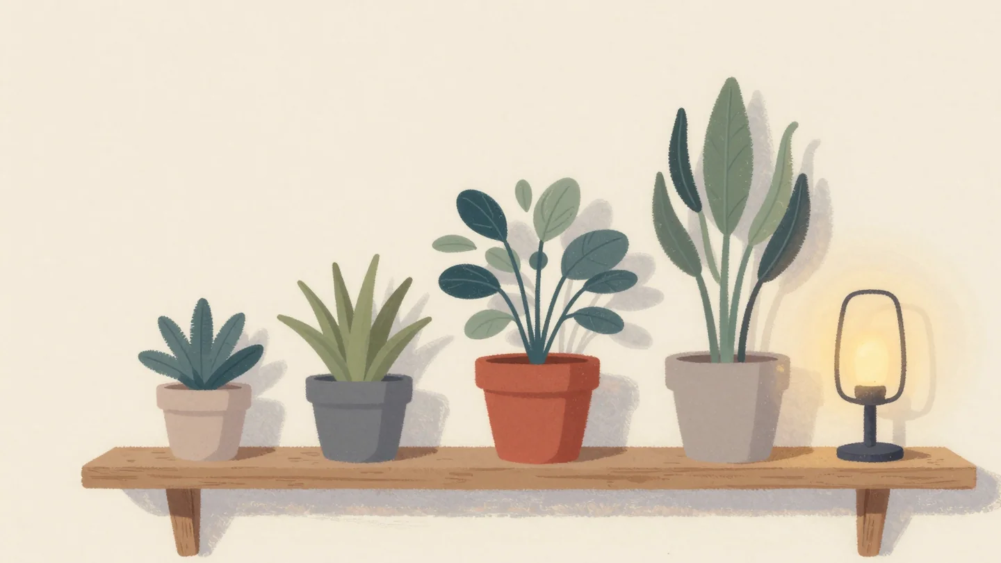 Gouache painting: a long wooden shelf with a row of potted plants arranged from shortest to tallest; the plant exactly in the middle sits in a vermilion pot
