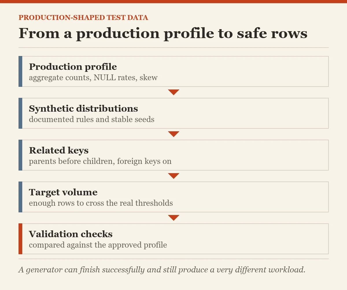 From a production profile to safe rows: a diagram about the test data that looks like production