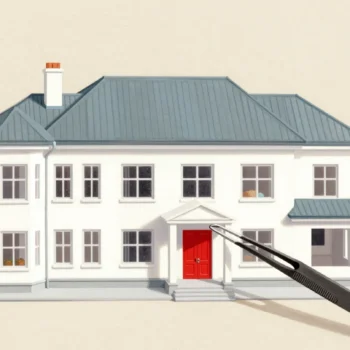 A scale model of a house on a table with the real house visible through the window behind it