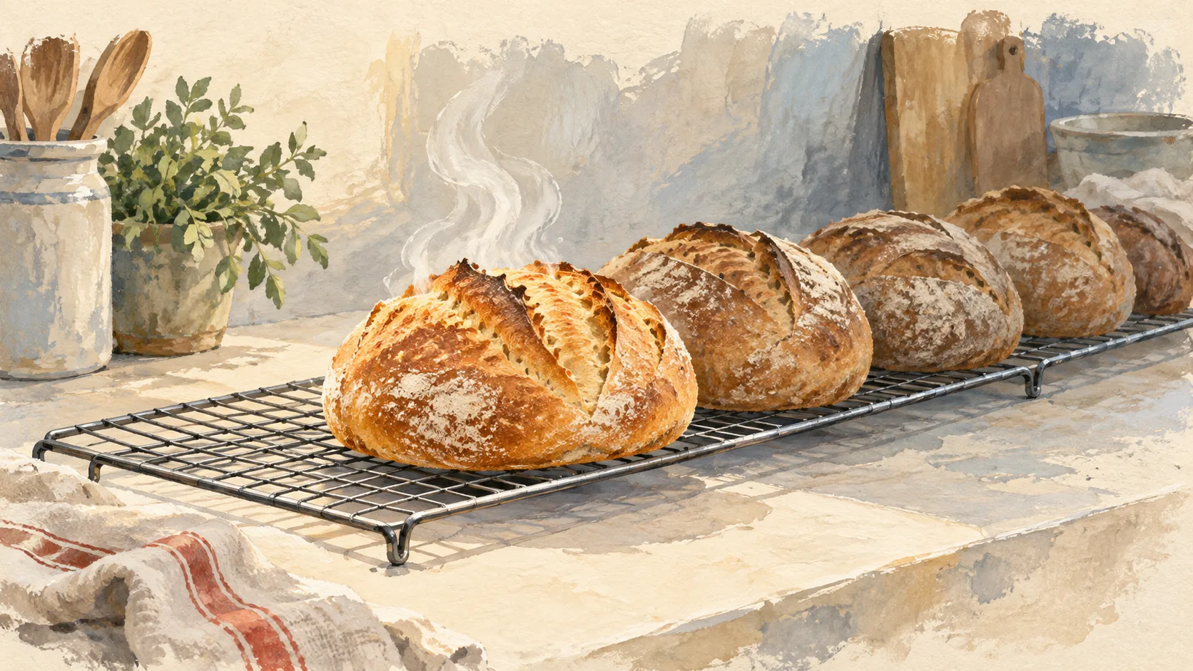 A freshly baked loaf leads a row of loaves on a cooling rack