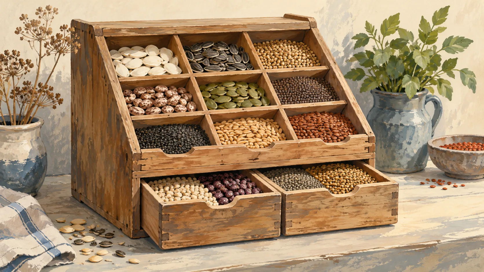 Seeds organized into separate compartments of a wooden cabinet