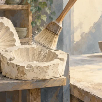 A brush clears material from a stone bowl