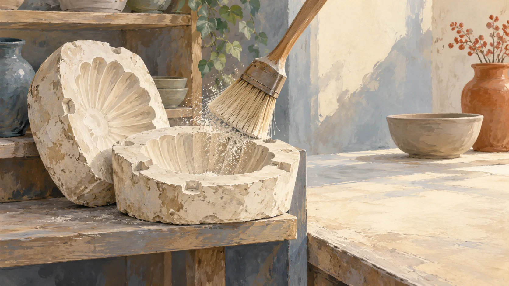 A brush clears material from a stone bowl