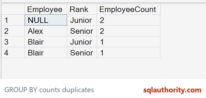 Four employee-rank groups with actual counts 2,2,1,1 including the NULL group
