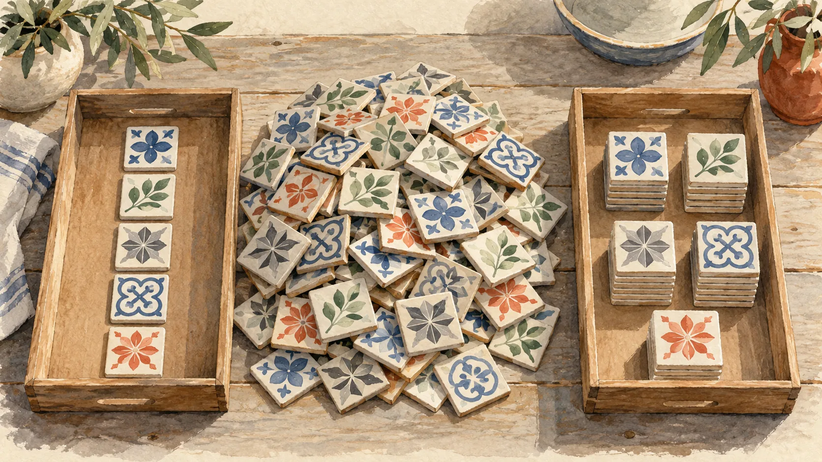 Repeated patterned tiles are reduced to unique samples or arranged into groups