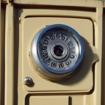 Vault door with a combination dial built into a steel shipping container