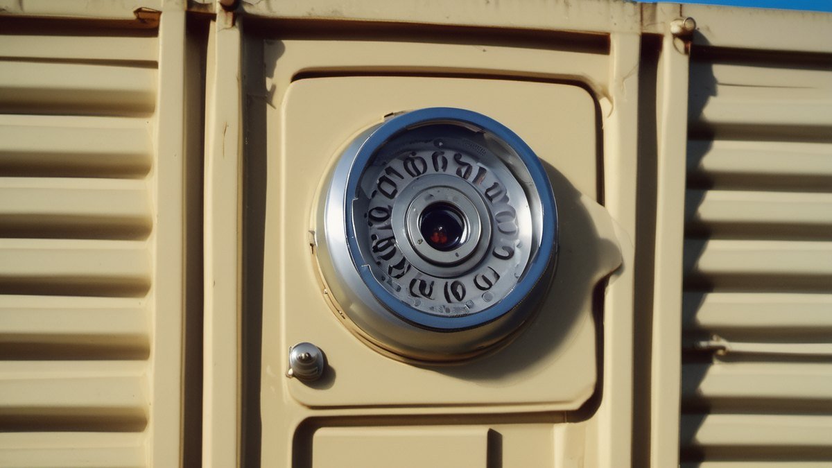 Vault door with a combination dial built into a steel shipping container