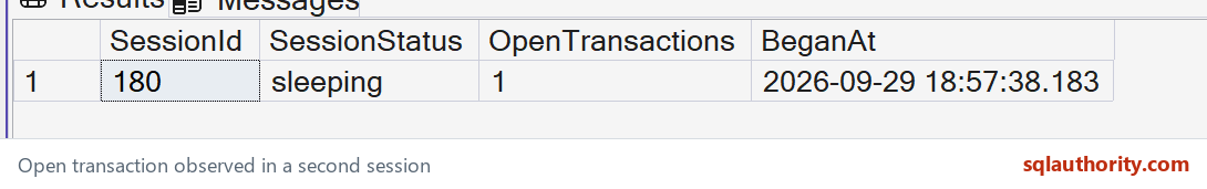 SSMS result shows a sleeping session with one open transaction and its start time